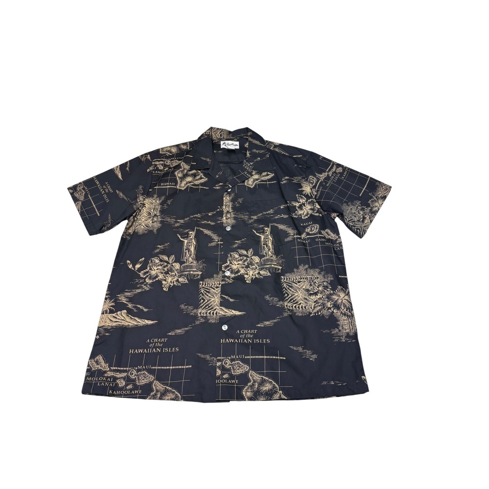 Howie Made in Hawaii Mens XL Black Hawaiian Map Print Short Sleeve Button Shirt‎